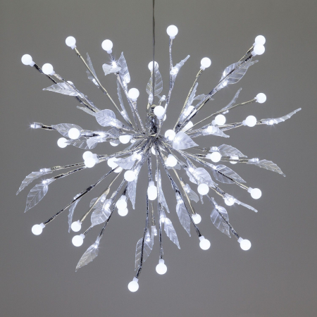 Ramo Decorato con Sfere e Foglie, Diametro 40 cm, 100 LED Bianco Freddo