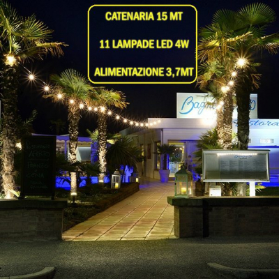 Catena Luminosa - Catenaria 15 Metri con 11 Lampadine a LED a filamento da 4W e alimentazione da 3,7 Mt