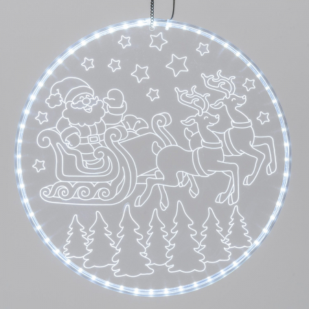 Disco Luminoso Babbo Natale con Slitta con 60 LED, Bianco Freddo, Diametro 30 cm, Luce Fissa